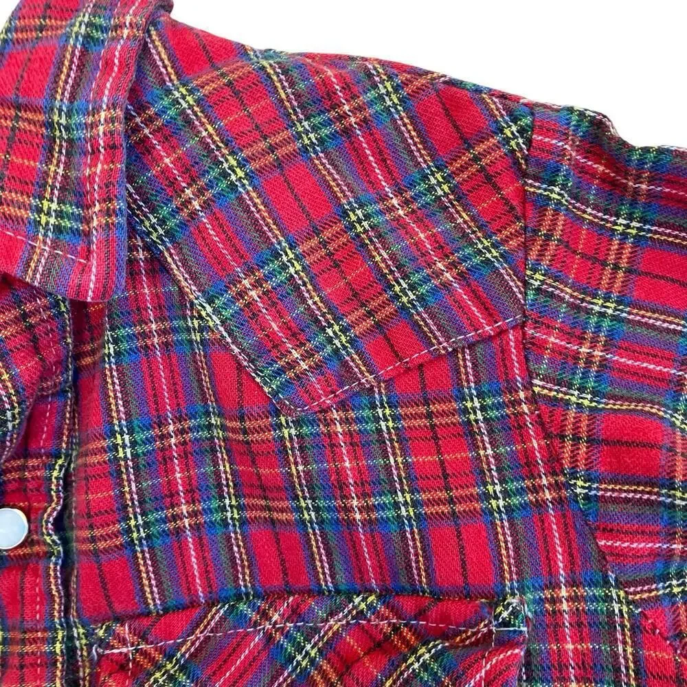 Levis Kids Vtg 90s Pearl Snap Western Button Down Shirt Red Plaid Made in USA